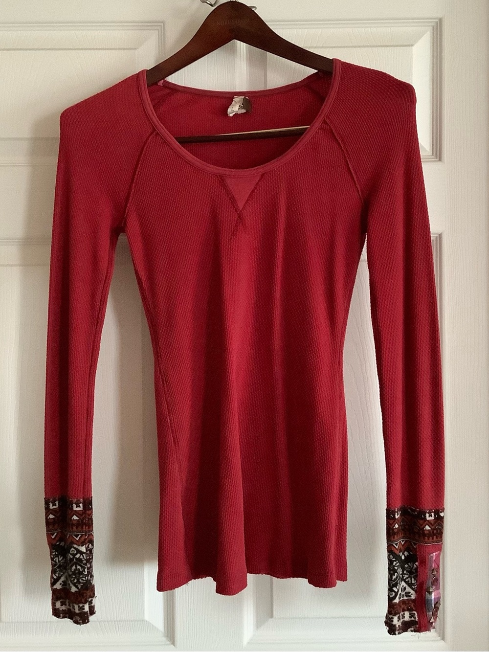 We The Free Long-Sleeve Waffle Knit Top in Deep Red with Patterned Cuffs
